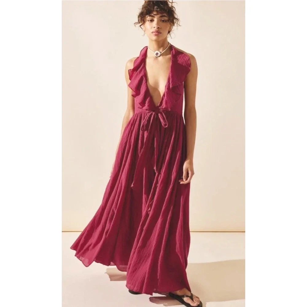 NEW FREE PEOPLE RASPBERRY CONCHITA LOW BACK TIE FRONT RUFFLE MAXI DRESS SZ S